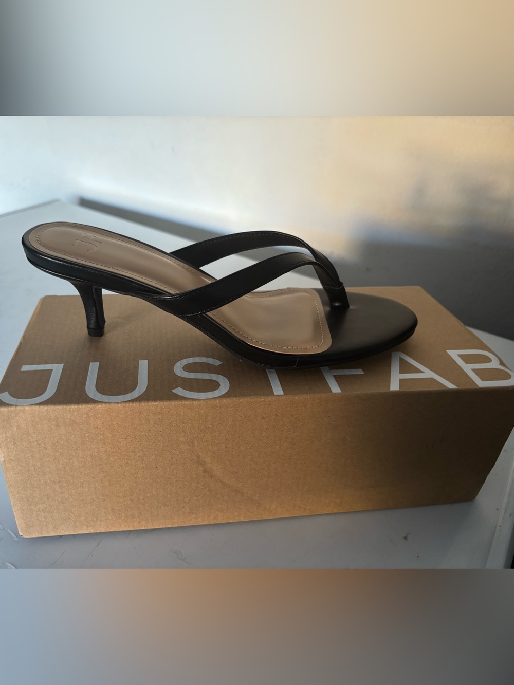 JustFab Black Strappy Kitten Heel Thong Sandal